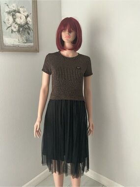 Girls Brown Metallic Knit Top and Black Tulle Skirt Dress